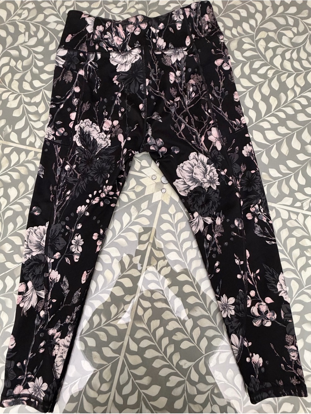 Victoria's Secret Black Leggings with Pale Pink Floral Pattern